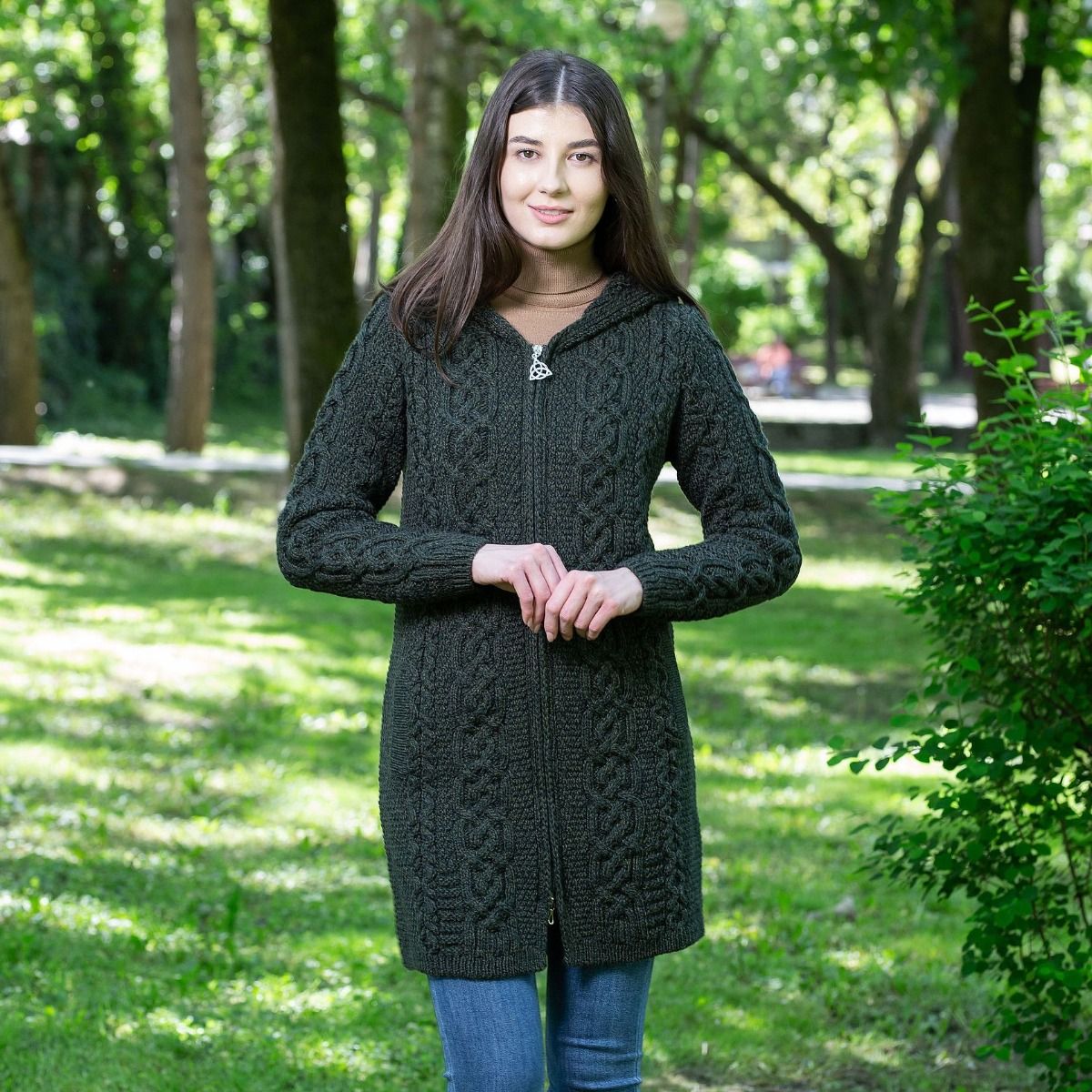 100% Irish Merino Wool Women's Long Hooded Zip Sweater with Pockets (XX  Large, Army Green)